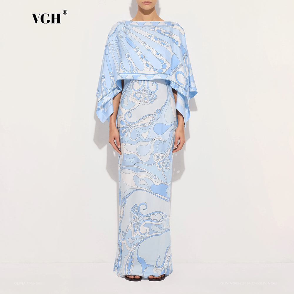 Shift Dress Sleeveless - VGH ライトブルーの抽象柄プリントツーピースセット、女性用ボディコンドレススーツ、ボートネック、ゆったりデザインのケープ付き、結婚式のゲストやガラに最適