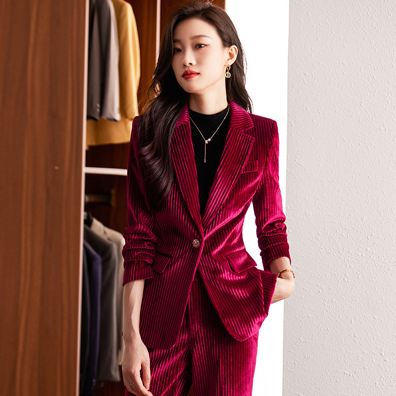 High End Women'S Formal Wear - 秋冬向けレディースベルベットブレザー、エレガントなフォーマルウェア、女神スタイルのプロフェッショナルな服装、高級スーツワークウェアセット