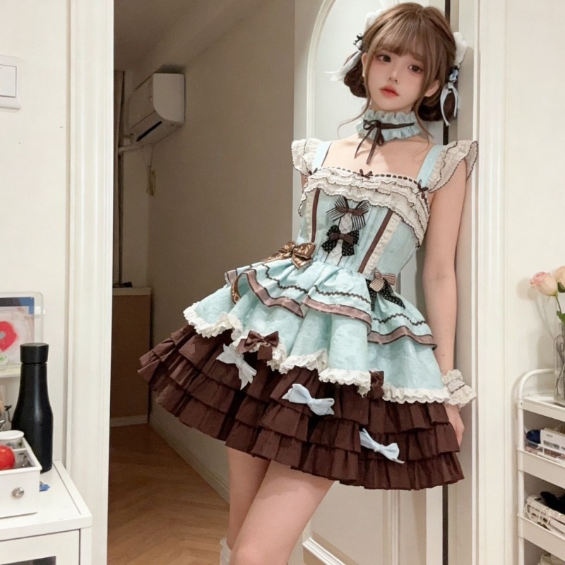 Shift Dress Sleeveless - 甘い日本の素敵な JK ドレスセット女性かわいいリボンノースリーブケーキスカート新しいステッチ原宿パーティーロリータ衣装 2026 夏