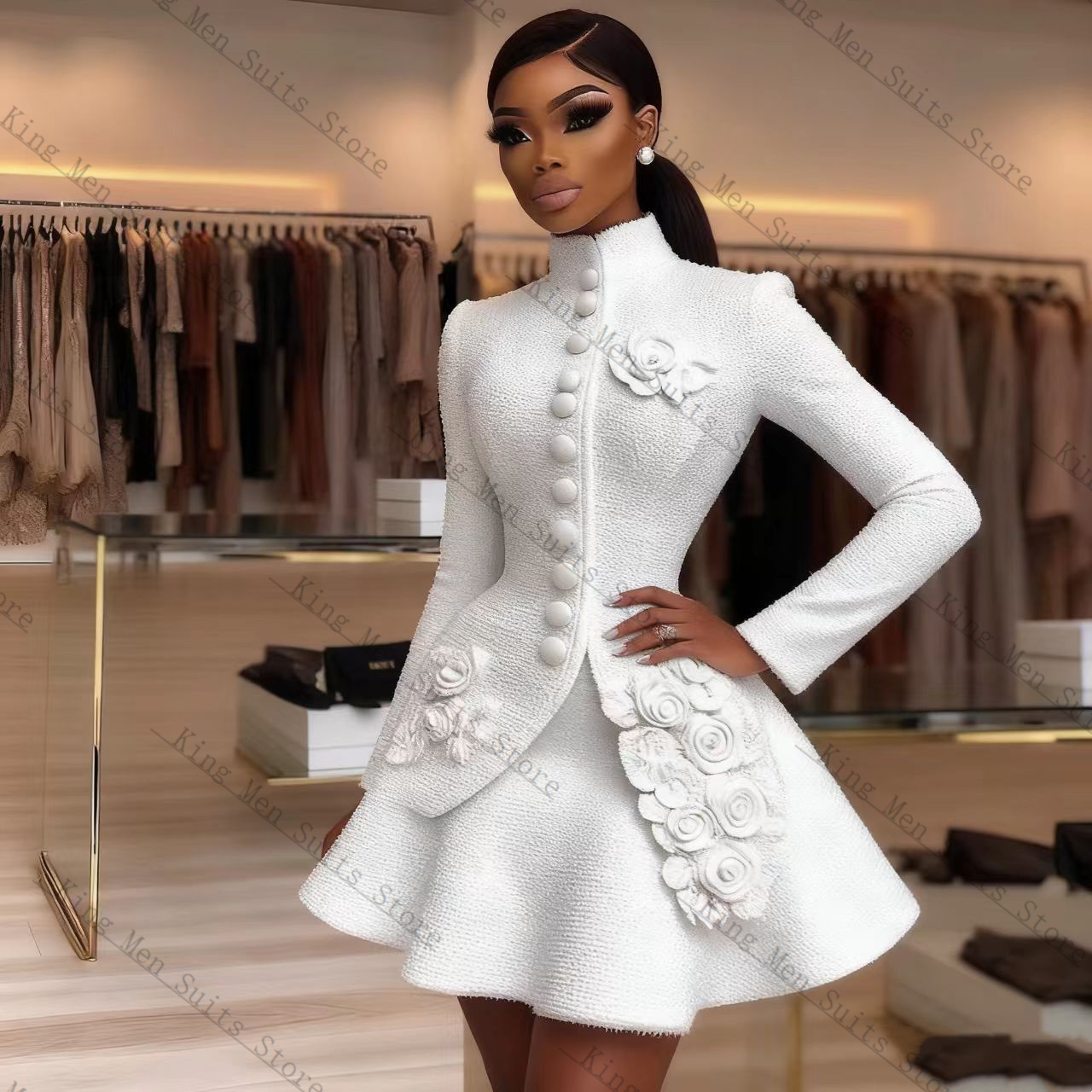 Women'S Formal Wear For A Wedding - 高級白人女性スーツセット 2 個ブレザー + ショートミニウエディングドレス 3D