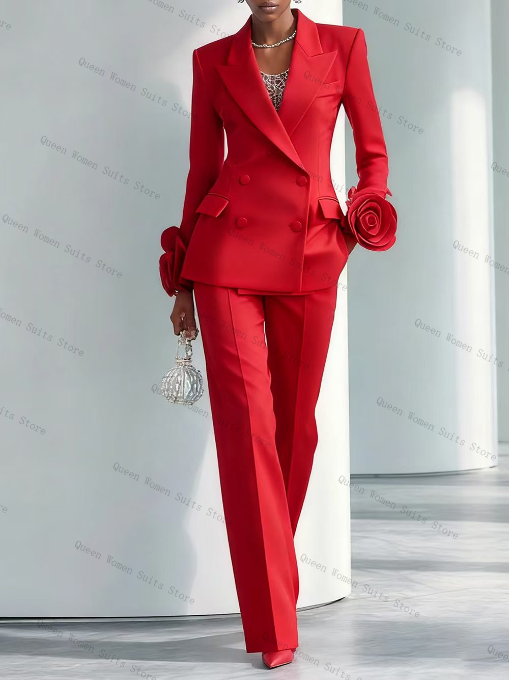 Women'S Formal Wear For A Wedding - 高級レッド女性スーツセット 2 個ブレザー + パンツズボン 3D