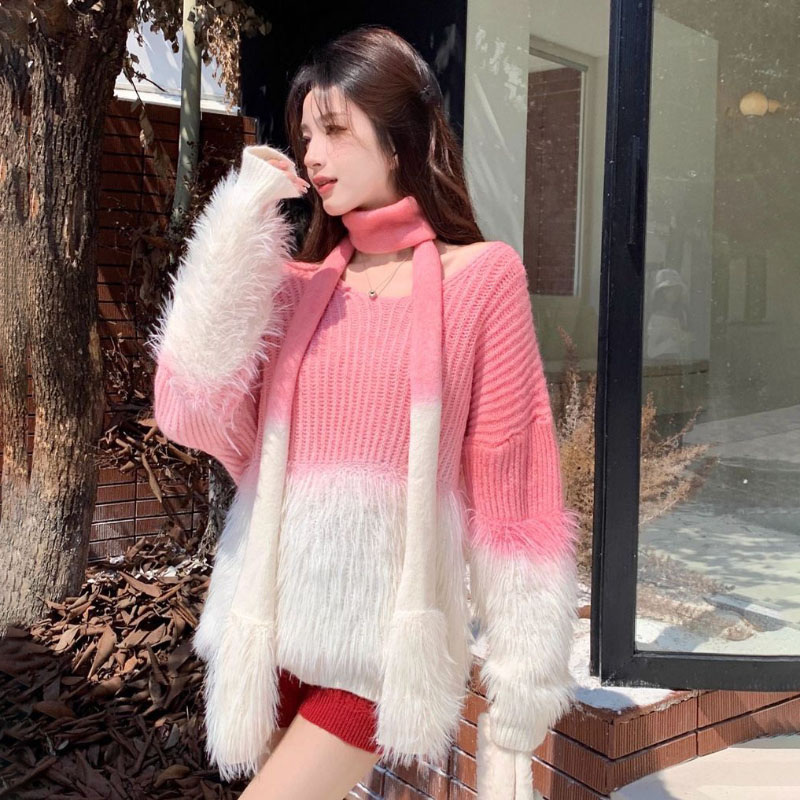 Women Formal Wear Winter - 女性のグラデーション V ネックセーターミンクベルベット厚みのあるソフトワックスニットウェアトップス秋冬アウターセクシーな甘いスタイル 2026