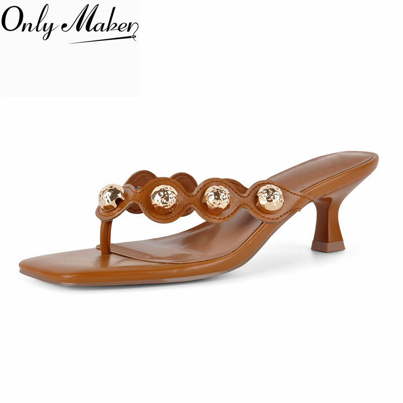 Kitten Heel Women - Onlymaker スクエアトゥ ブラウン トングミュールサンダル メタル装飾 キトゥンヒール