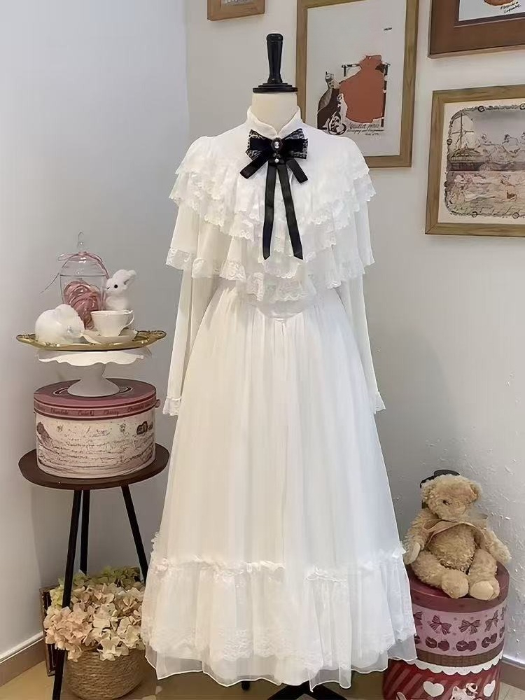 Women Formal Wear Winter - 半袖リボンレースドレス ホワイト スリム マキシスカート スイートスタイル 2025