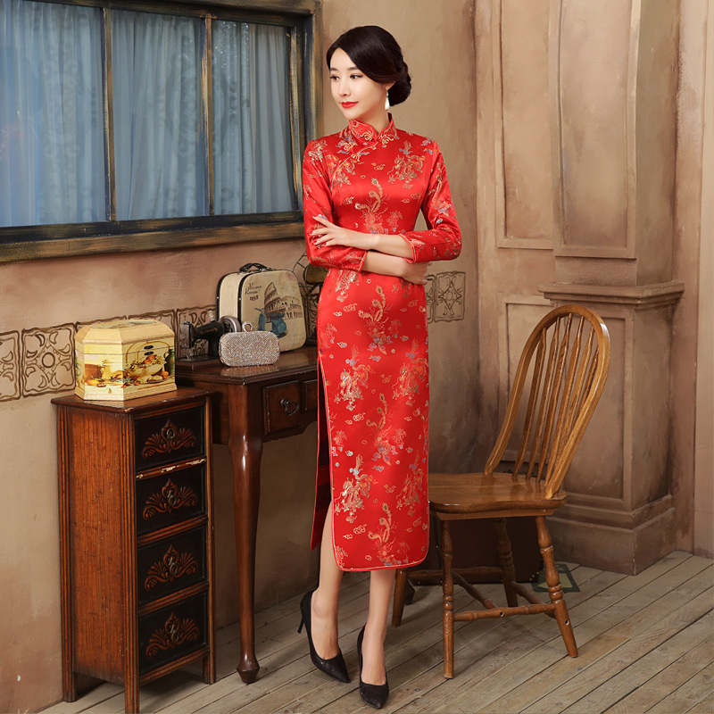 Formal Wear For Women Xl - 女性のためのセクシーなサテンロングドレス,花嫁のためのイブニングドレス,qiPao,長袖,スパンコール,韓国スタイル,サイズM,XL,xxl
