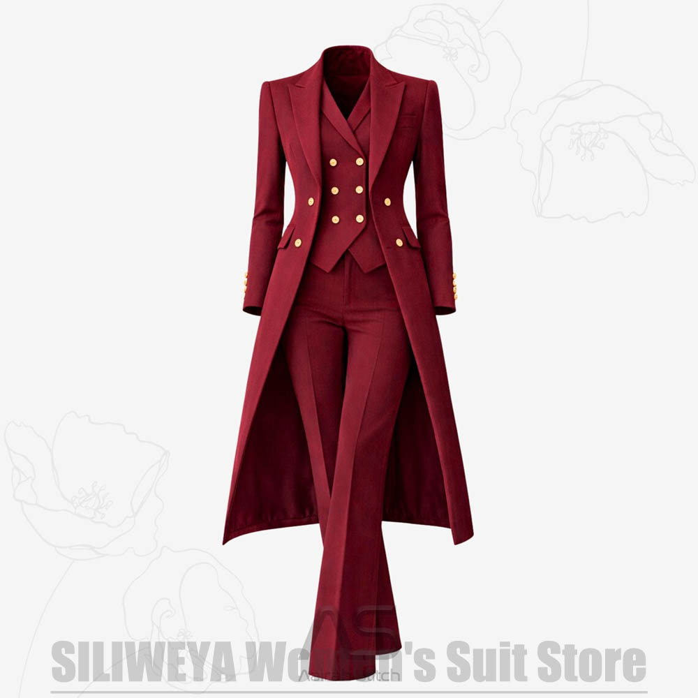 Women'S Formal Wear For A Wedding - レディーススーツ 3ピース ダブルブレスト ロングコート ベスト パンツ