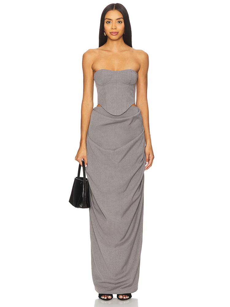 Shift Dress Sleeveless - グレーのオフショルダーコルセットルーシュードドレスセット2026 レディース エレガントフォーマルガウン イブニングパーティードレス シックなデザインセンス ロングドレス