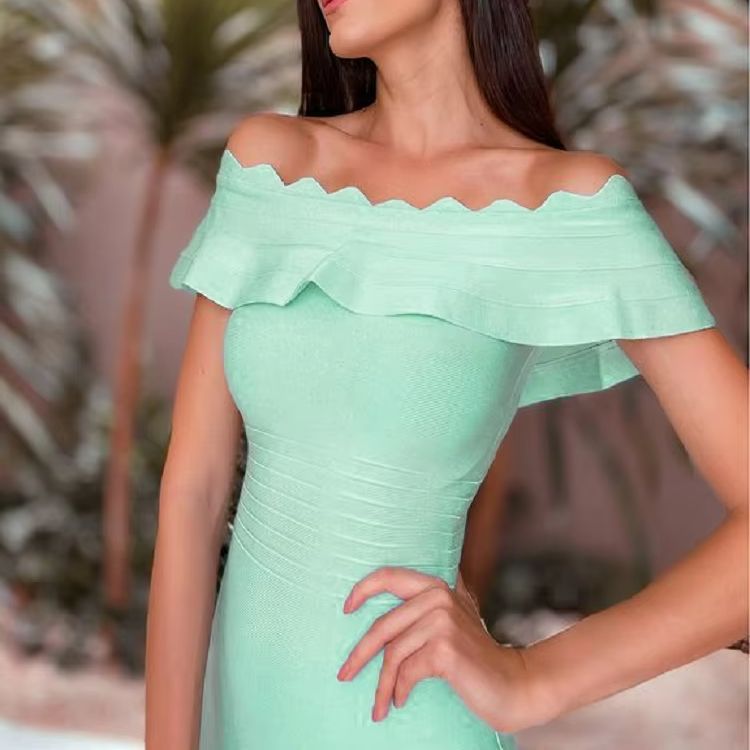 Formal Wear For Women Xl - HQBORY 夏の女性のロング丈包帯スプリット品質エレガントなボディコンドレスヴィンテージミントグリーンフリル包帯 Vestidos XL