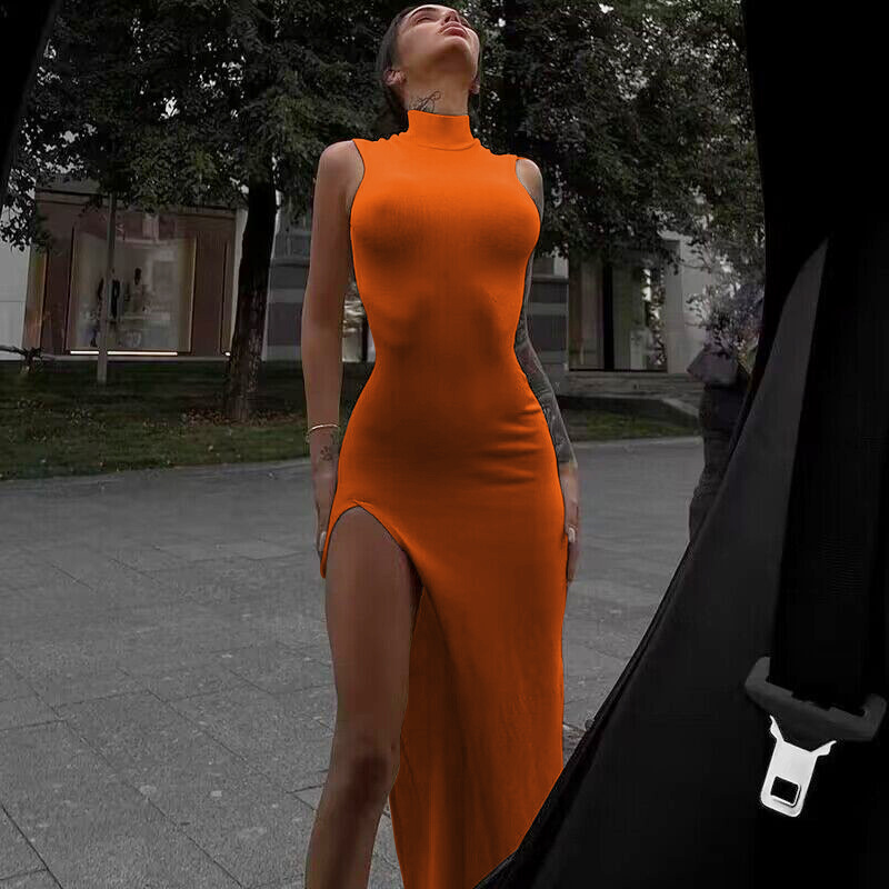 Formal Wear For Women Xl - Y2k ノースリーブオレンジミディ女性のドレスサイドスリットタートルネック設定ボディコンセクシーなパーティーエレガントなドレス 2024 ベーシックヴィンテージローブ