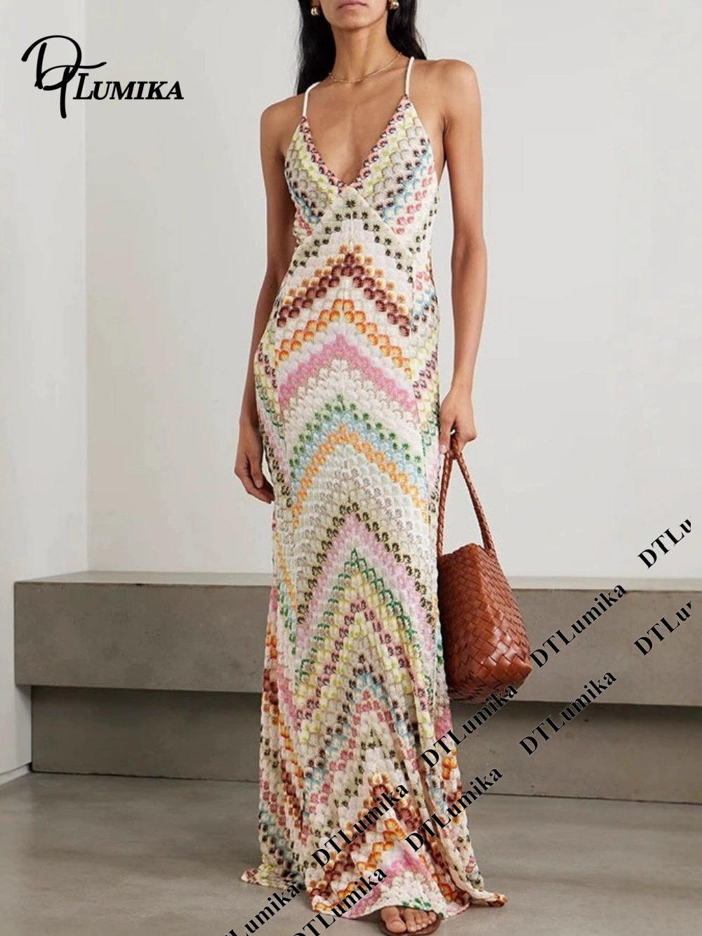 Women'S Formal Resort Wear - DTLumika ボヘミアンプリントマキシドレス スパゲッティストラップ付き Vネック スリット入り ビーチカバーアップ