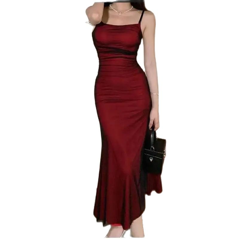 Formal Wear For Women Xl - 女性用ノースリーブボディコンコルセットマキシドレス、ワインレッド、スパゲッティストラップ、ギャザー、ロング、ヴィンテージ、フレンチ、エレガントなイブニングパーティー