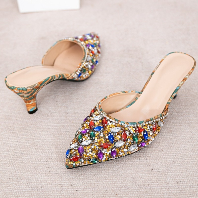 高級ラインストーン付きキトゥンヒールスリッパ、レディースポイ - Kitten Heel Women のレビューと価格