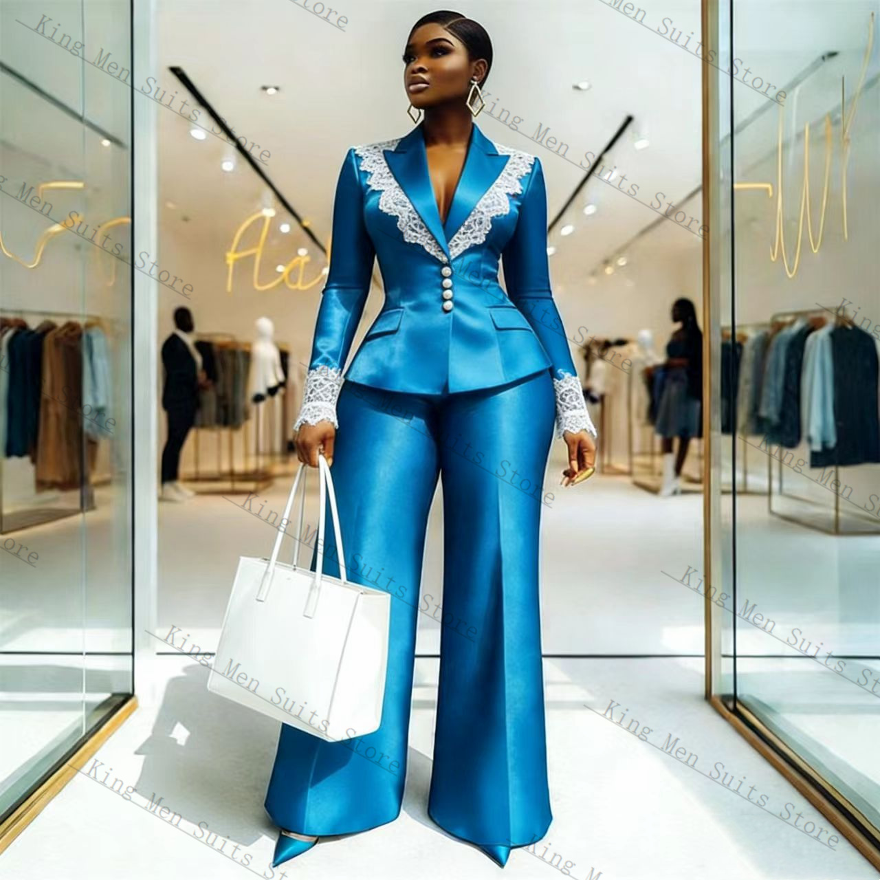 ブルーサテンレース女性スーツセット 2 個ブレザー + パン - Women'S Formal Wear For A Wedding のレビューと価格