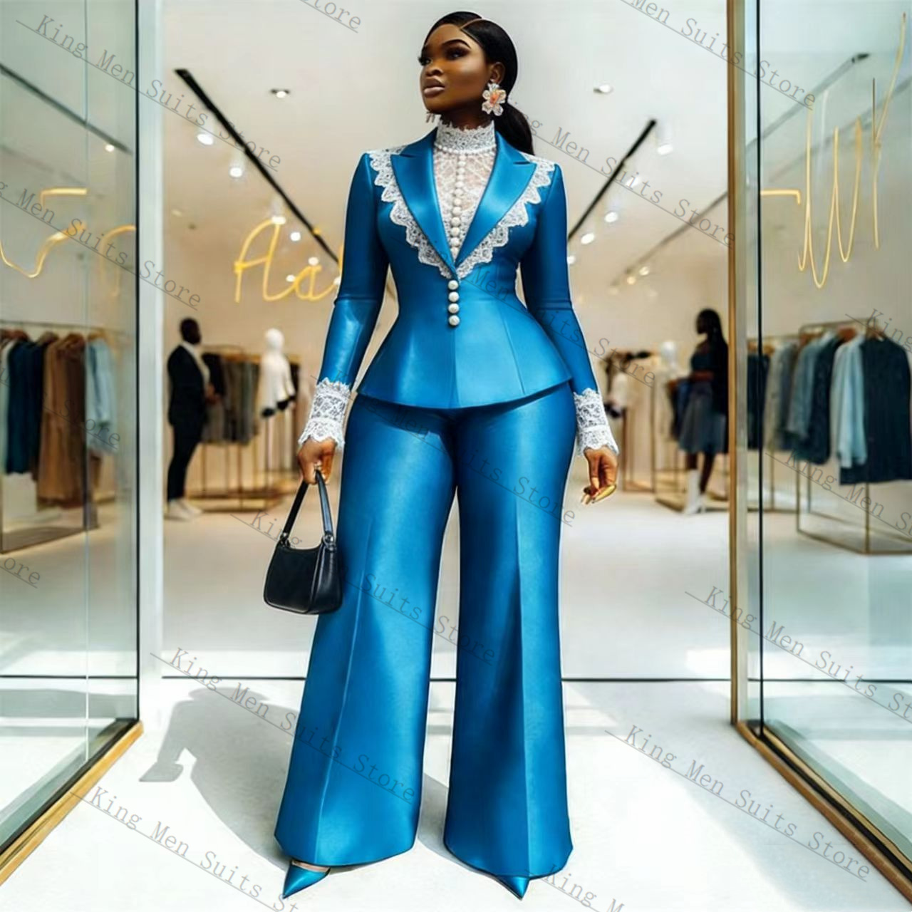 ブルーサテンレース女性スーツセット 2 個ブレザー + パン - Women'S Formal Wear For A Wedding のレビューと価格