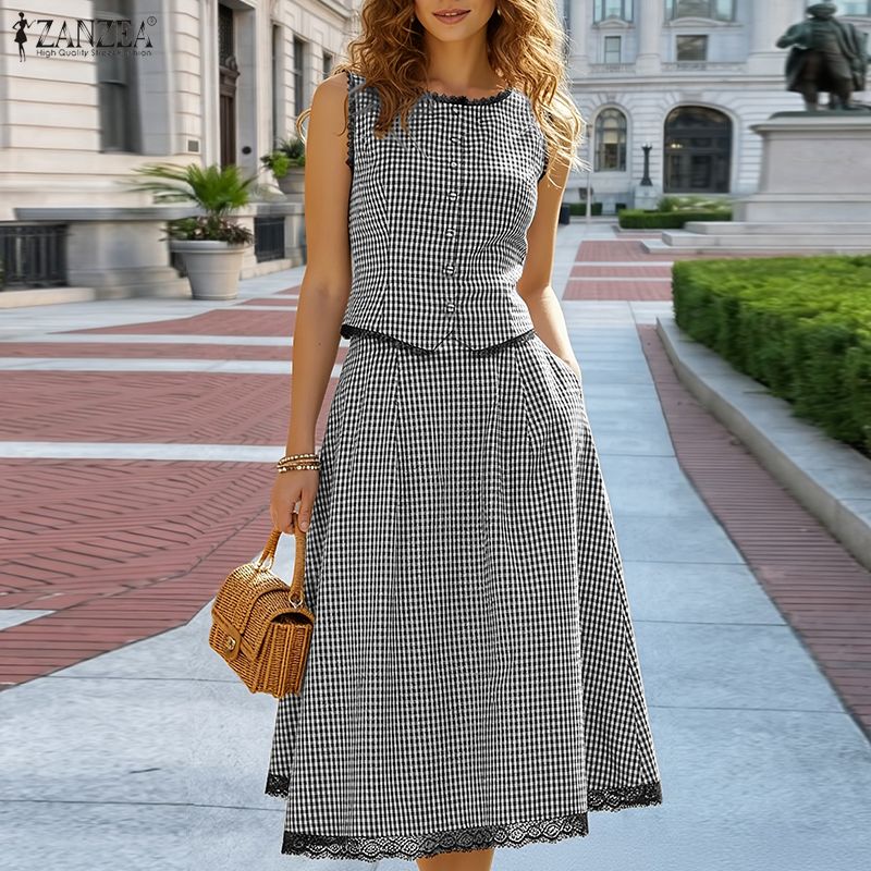 エレガントな女性 2 ピースセット ZANZEA 夏ノースリ - Shift Dress Sleeveless のレビューと価格