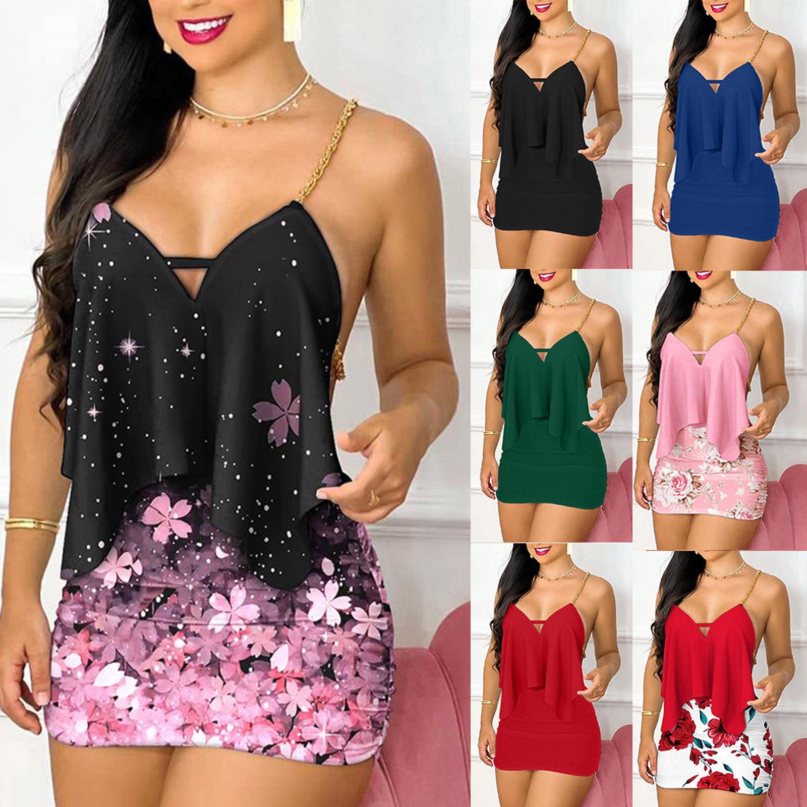 レディースドレス夏のファッション花柄非対称チェーンストラップ - Shift Dress Sleeveless のレビューと価格